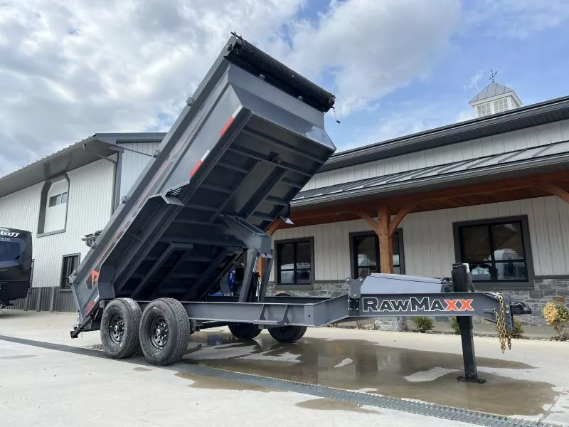 2025 RawMaxx 7x14' GDX Knight Deluxe Dump Trailer 14000# GVW * HYDRAULIC JACK * 14-PLY TIRES * STABILIZER JACKS * 8" I-BEAM FRAME * 32" HIGH SIDES * SCISSOR HOIST * 3-WAY COMBO GATE * UNDERMOUNT RAMPS * ADJUSTABLE COUPLER * HD TOP RAIL * GRAPHICS PKG
