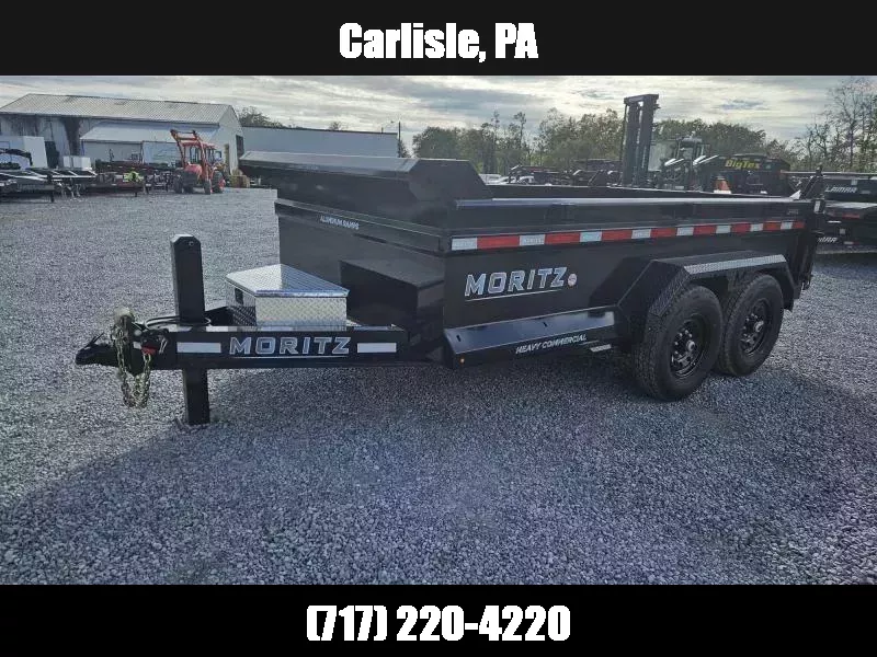 2025 Moritz 7x12' Low Profile Dump Trailer 14000# GVW * HYDRAULIC JACK * TARP KIT * STAKE POCKETS * DEXTER AXLES * TORSION SUSPENSION * WET COAT PAINT * 24" SIDES * 8" I-BEAM FRAME * ALUMINUM RAMPS & TOOLBOX * 4-BOLT COUPLER * COMBO GATE * KEYWAY IN SIDES 1763931969