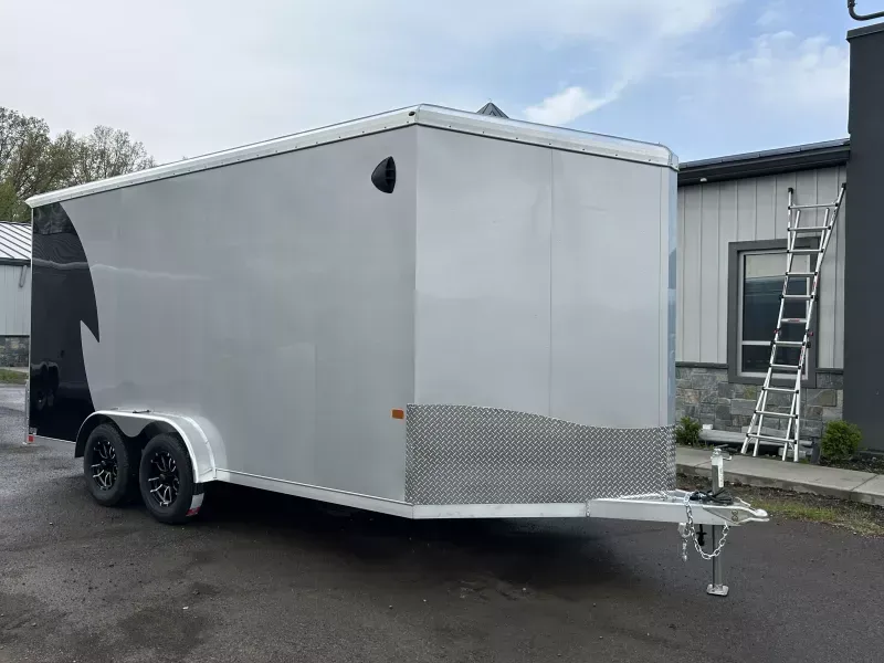 2026 NEO Trailers 7.5x16' NAMR Aluminum Enclosed Powersports Trailer * AWNING DOOR * BLACK & WHITE * TORSION SUSPENSION * VINYL WALLS * +18" / 7'6" HEIGHT - UTV PKG * ALUMINUM WHEELS * TIE DOWN SYSTEM * NXP RAMP DOOR