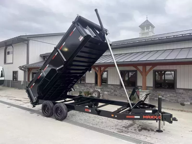 2026 MAXXD 7x16' DTX Dump Trailer 16000# GVW * 8000# AXLES * 3' HIGH SIDES * 144" 11-TON TELESCOPIC HOIST * 8"/15# I-BEAM FRAME * 10GA WALLS & 7GA FLOOR * 12" O.C. CROSSMEMBERS * WIRELESS REMOTE * HD TOP RAIL * TARP * JACKSTANDS