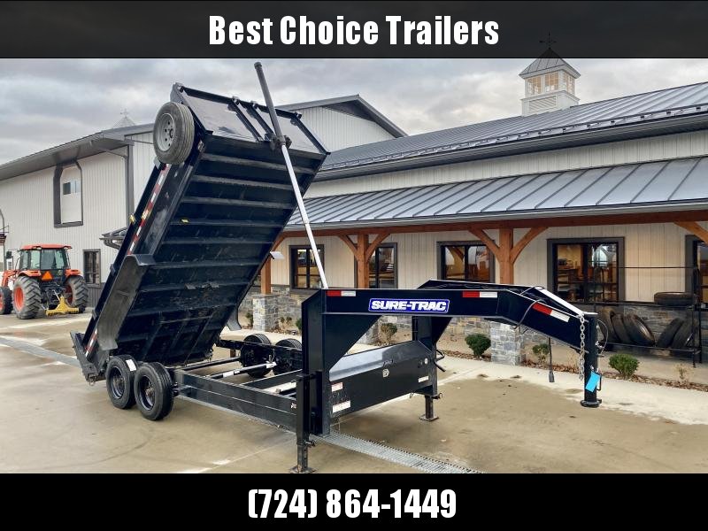 USED 2019 Sure-Trac 7x16' 16000# Low Profile HD Gooseneck Dump Trailer * TELESCOPIC HOIST * 8000# AXLE UPGRADE * DUAL JACKS * DELUXE TARP KIT * 17.5" RUBBER * EOH DISC BRAKES USED 2019 Sure-Trac 7x16' 16000# Low Profile HD Gooseneck Dump Trailer * TELESCOPIC HOIST * 8000# AXLE UPGRADE * DUAL JACKS * DELUXE TARP KIT * 17.5" RUBBER * EOH DISC BRAKES