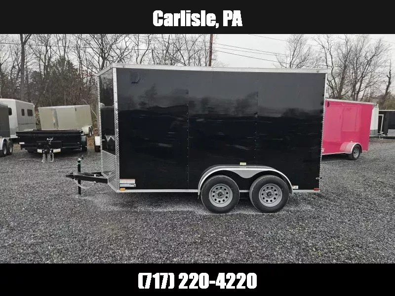 2026 Quality 7x12' Tandem Axle Enclosed Cargo Trailer 7000# GVW * BLACK .080 POLYCOR EXTERIOR * 6'9" HEIGHT * SEMI-SCREWLESS * RAMP DOOR * PLYWOOD WALLS & FLOORS * TUBE WALL AND CEILING STUDS * LED LIGHTS * 16" O.C. WALL AND FLOORS * RV DOOR * V-NOSE