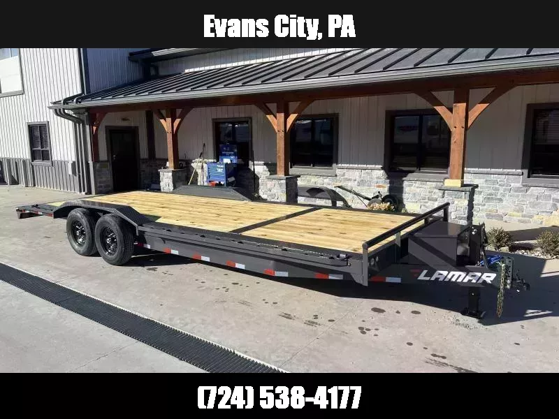 2026 Lamar 102x24' Car Hauler Trailer 14000# GVW * 8" TONGUE AND FRAME * 102" DECK * DRIVE OVER FENDERS * TOOLBOX * 4 D-RINGS * WINCH PLATE * 4' DOVETAIL * REAR JACKSTANDS * SLIDE IN RAMPS * CHARCOAL 1758247637