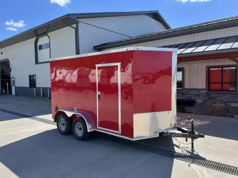 2026 Quality 7x16' Tandem Axle Enclosed Cargo Trailer 7000# GVW * POLYCOR .080 EXTERIOR * SEMI-SCREWLESS * RED EXTERIOR * RAMP DOOR * PLYWOOD WALLS & FLOORS * TUBE WALL & CEILING STUDS * 16" O.C. WALL AND FLOORS * RV DOOR * V-NOSE