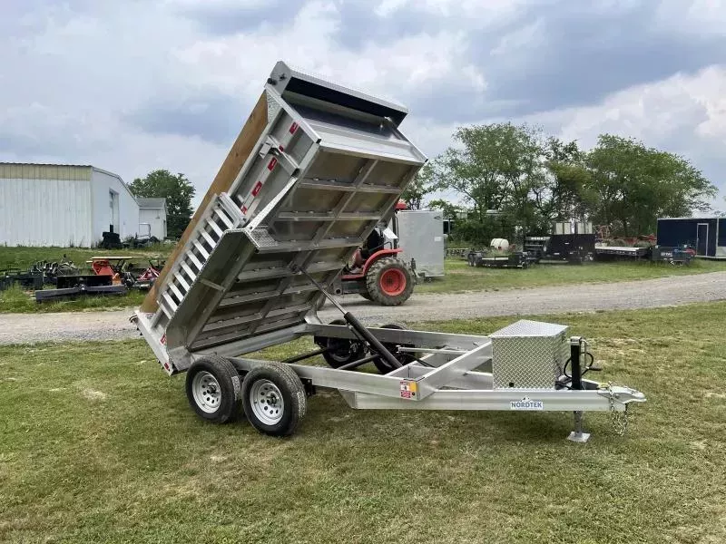 2026 Nordtek 75"x10' Aluminum High Side Dump Trailer 7000# GVW * 3' HIGH SIDES * 7GA FLOOR * ALUMINUM TOOLBOX * ALUMINUM WHEELS * DROP LEG JACK * 6" TONGUE AND FRAME * RAMPS INCLUDED * KEYWAY IN SIDES * DELUXE TARP KIT