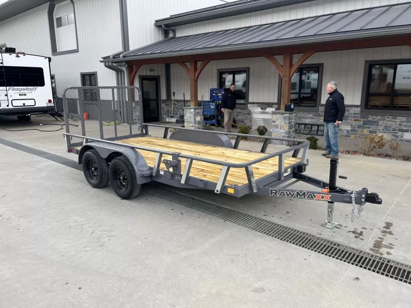 2026 RawMaxx 77x14' Tandem Axle Utility Landscape Trailer 7000# GVW * 4" CHANNEL TONGUE & FRAME * 16" O.C. 3" CHANNEL CROSSMEMBERS * DEXTER AXLES * ADJUSTABLE COUPLER * DROP LEG JACK * PIPE TOP RAIL * 4 D-RINGS * 8-PLY TIRES