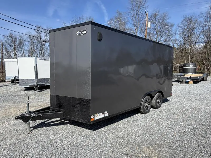 2026 ITI Cargo 8.5x16 Enclosed Car Hauler Trailer 7000# GVW * ALUMINUM WHEELS * CHARCOAL BLACKOUT EXTERIOR * SCREWLESS EXTERIOR * 7' HEIGHT * 1 PC ALUMINUM ROOF * TRUCKBED LINER ON TONGUE/SILLS * UNDERCOATED * TRIPLE TUBE TONGUE