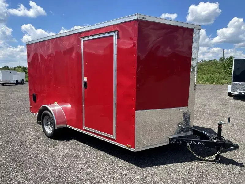 2026 Quality 7x12' Single Axle Enclosed Cargo Trailer 2990# GVW * +3" HEIGHT * 4" FRAME * ELECTRIC BRAKES * RED .080 POLYCOR EXTERIOR * SEMI-SCREWLESS * RAMP DOOR * PLYWOOD WALLS & FLOORS * TUBE WALL AND CEILING STUDS * 16" O.C. WALL AND FLOOR * RV DOOR