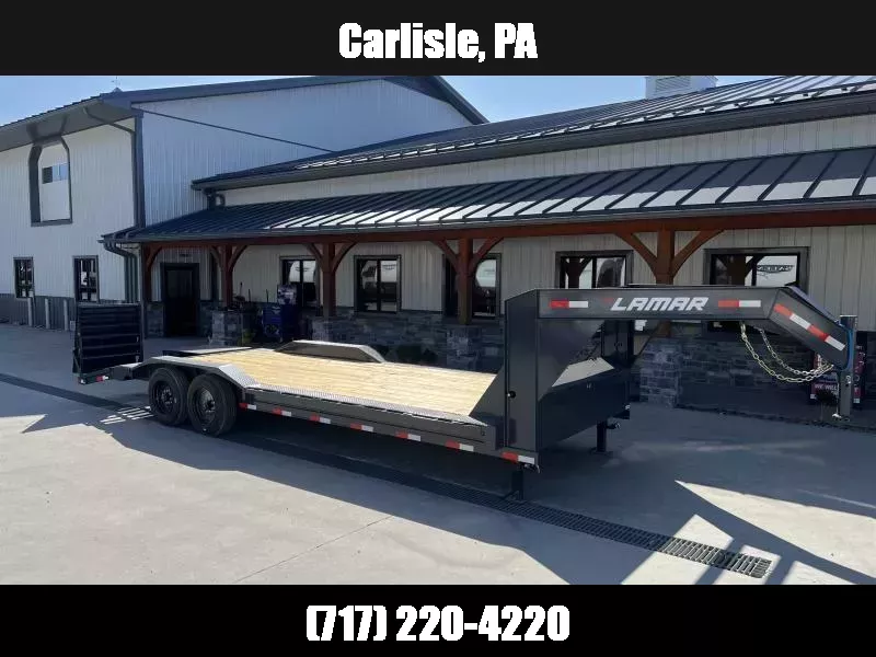 2026 Lamar 102x28' Gooseneck Equipment Trailer 14000# GVW * WINCH PLATE IN NECK * 102" DECK * DRIVE OVER FENDERS * FULL WIDTH RAMPS * RUBRAIL * UNDER FRAME BRIDGE * DUAL JACKS * FULL TOOLBOX * CHARCOAL W/ BLACK WHEELS 1761851264