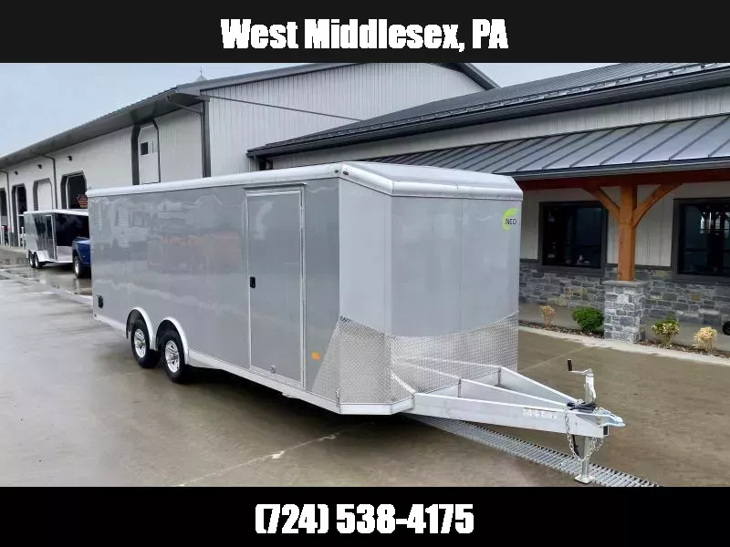 2025 NEO 8.5x24' NACX Aluminum Enclosed Car Hauler 9990# GVW * CHARCOAL * FULL ESCAPE DOOR * NUDO FLOOR/RAMP * WHITE WALLS/CEILING * 5200# TORSION * BULLNOSE * SPREAD AXLE * DRT REAR SPOILER * NXP RAMP * HD FRAME * ALUMINUM WHEELS 1750183934