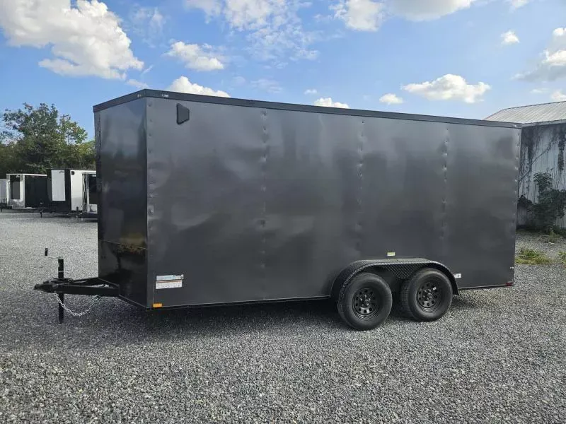 2026 Quality 7x16' Tandem Axle Enclosed Cargo Trailer 9990# GVW * CHARCOAL BLACKOUT EXTERIOR * .080 POLYCOR EXTERIOR * SEMI-SCREWLESS * RAMP DOOR * PLYWOOD WALLS & FLOORS * TUBE WALL AND CEILING STUDS * LED LIGHTS * 16" O.C. WALL AND FLOORS * RV DOOR