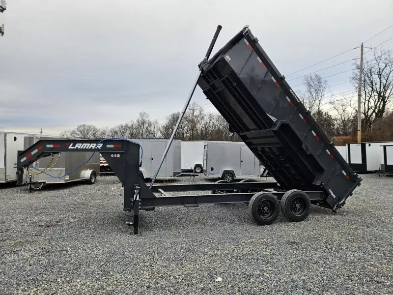 2026 Lamar 7x16' Gooseneck High Side Dump Trailer 16000# GVW * 3' HIGH SIDES * 8000# AXLE UPGRADE * 17.5 RUBBER * 11-TON 144" TELESCOPIC CYLINDER * 7 GAUGE FLOOR * RIGID RAILS * DELUXE TARP * COMBO GATE * I-BEAM FRAME
