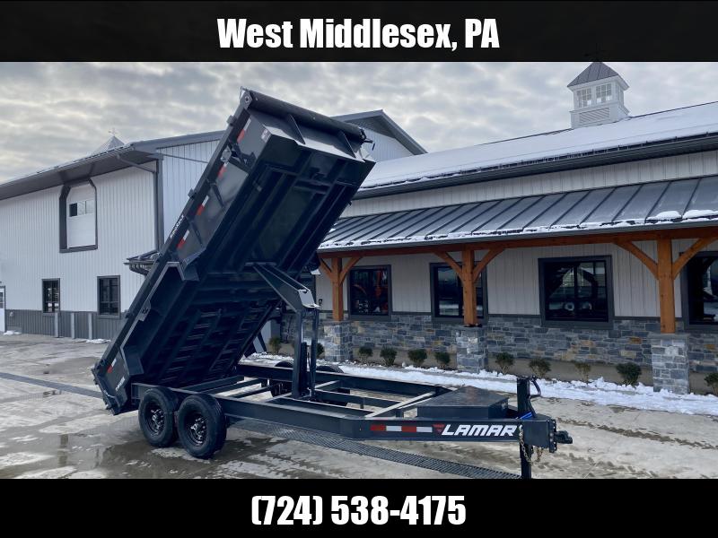 2025 Lamar 7x16' Dump Trailer 14000# GVW * 7GA FLOOR * TARP KIT * UNDERMOUNT RAMPS * SCISSOR HOIST * 12K JACK * CHARCOAL * RIGID RAILS * HD COUPLER * NESTLED I-BEAM FRAME 28" H * COMBO GATE * 12" O.C. C/M 1750184072