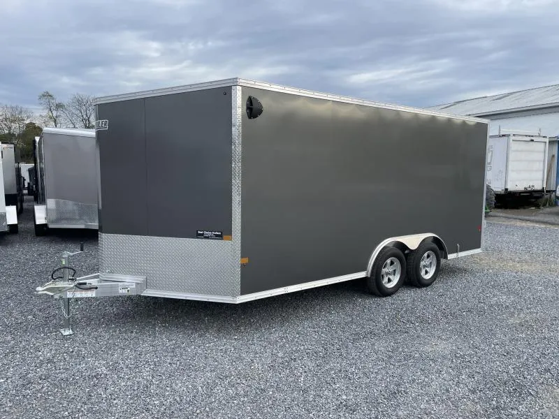 2026 E-Z Hauler 8.5x16' Aluminum Enclosed Car Hauler 7000# GVW * CHARCOAL .080 POLYCOR EXTERIOR * ALUMINUM WHEELS * ALUMINUM FRAME * 16" O/C * SCREWLESS * ONE PC ROOF