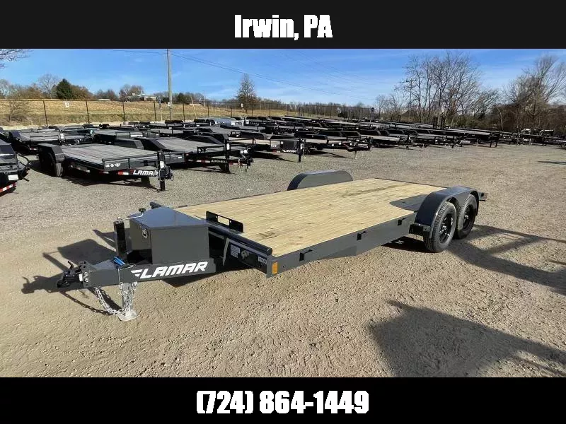 2025 Lamar 7x18 7000# Wood Deck Car Hauler Trailer * TOOLBOX * ADJUSTABLE COUPLER * DROP LEG JACK * REMOVABLE FENDERS * EXTRA STAKE POCKETS * CHARCOAL * 5" CHANNEL FRAME * COLD WEATHER HARNESS * REAR RAMPS