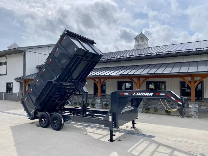 2026 Lamar 7x16' Gooseneck High Side Dump Trailer 14000# GVW * 4' HIGH SIDES * 7GA FLOOR * TARP KIT * UNDERMOUNT RAMPS * SCISSOR HOIST * DUAL 12K JACKS * CHARCOAL * RIGID RAILS * FULL TOOLBOX * NESTLED I-BEAM FRAME * COMBO GATE * 12" O.C. C/M