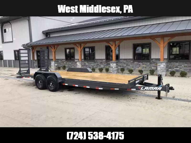 2025 Lamar 7x20' Equipment Trailer 14000# GVW * DELUXE OVERWIDTH RAMPS W/ HEAVY MESH * CHARCOAL POWDERCOAT * RUBRAIL/STAKE POCKETS/PIPE SPOOLS/D-RINGS * REM FENDERS * 12K JACK * CAST COUPLER * SPRING ASSIST * COLD WEATHER HARNESS 1752773134