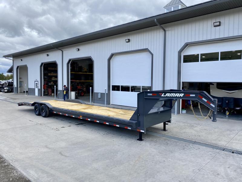 2025 Lamar 102x40' Gooseneck Car Hauler Trailer 14000# GVW * 14-PLY TIRES * 102" DECK * DRIVE OVER FENDERS * OVERLENGTH 7' SLIDE IN RAMPS * 4' DOVETAIL * RUBRAIL * SWIVEL JACKS * UNDER FRAME BRIDGE * DUAL JACKS * FULL TOOLBOX * CHARCOAL W/ BLACK WHEELS