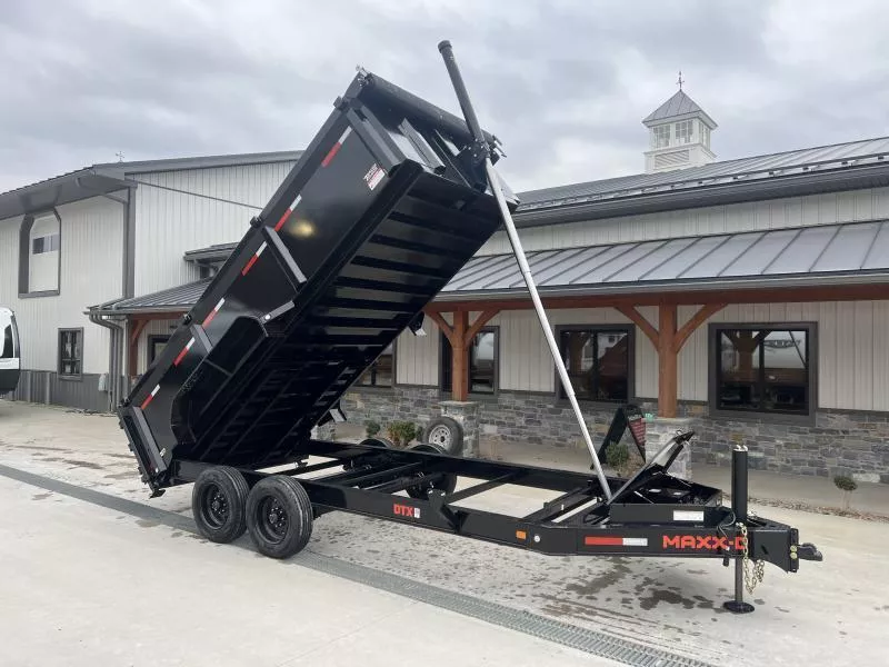 2025 MAXXD 7x16' DTX Dump Trailer 14000# GVW * DEXTER AXLES * 3' FLAIR HIGH SIDES * 144" 11-TON TELESCOPIC HOIST * 8"/15# I-BEAM FRAME * 10GA WALLS & FLOOR * 12" O.C. CROSSMEMBERS * WIRELESS REMOTE * HD TOP RAIL * TARP * JACKSTANDS