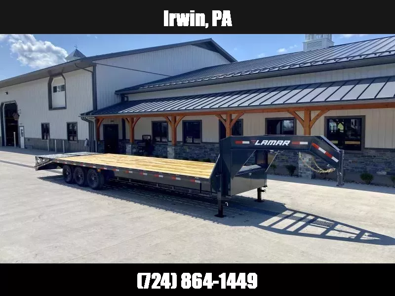 2025 Lamar 102x25' Gooseneck Beavertail Deckover Trailer 21000# GVW * FULL WIDTH (STAND UP OR FLIPOVER) RAMPS * 12" I-BEAM FRAME * FRONT TOOLBOX * DUAL JACKS * CHARCOAL * 16" O.C. C/M * RUBRAIL/STAKE POCKETS/PIPE SPOOLS 1759876385