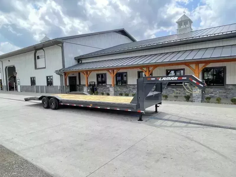 2026 Lamar 102x28' Gooseneck Car Hauler Trailer 14000# GVW * 102" DECK * DRIVE OVER FENDERS * OVERLENGTH 7' SLIDE IN RAMPS * 4' DOVETAIL * RUBRAIL * SWIVEL JACKS * UNDER FRAME BRIDGE * DUAL JACKS * FULL TOOLBOX * CHARCOAL W/ BLACK WHEELS