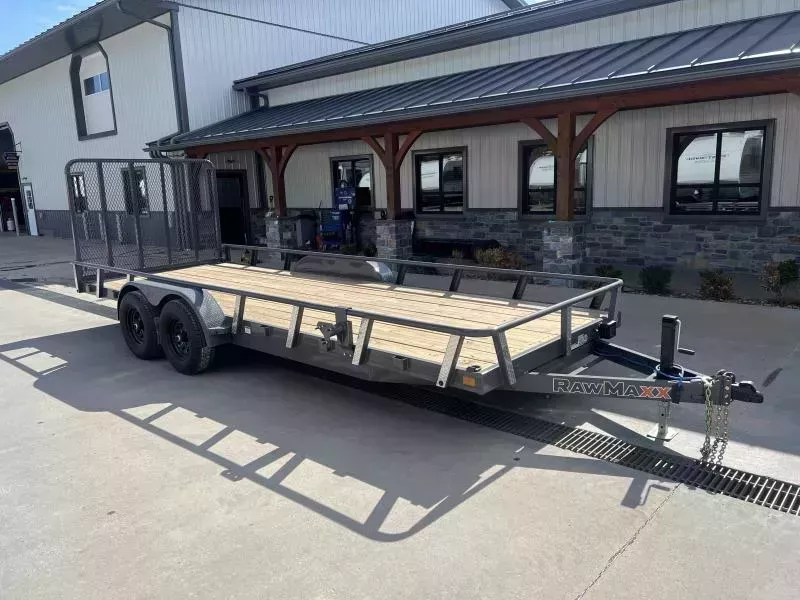 2026 RawMaxx 7x20' HD Tandem Axle Utility Landscape Trailer 9990# GVW * 5' GATE UPGRADE * CHANNEL TONGUE & FRAME * 16" O.C. 3" CHANNEL CROSSMEMBERS * DEXTER AXLES * ADJUSTABLE COUPLER * DROP LEG JACK * PIPE TOP RAIL * 4 D-RINGS * SLIPPER SPRINGS