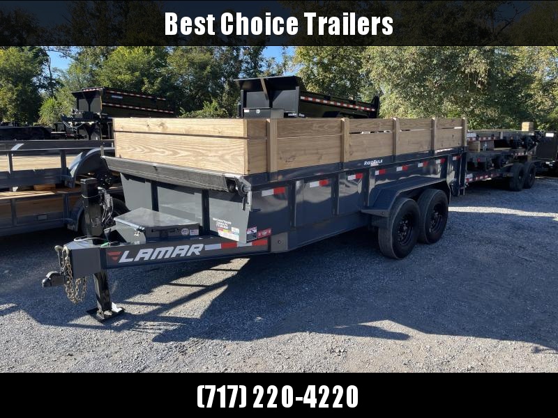 USED 2019 Lamar 7x16' Dump Trailer 12000# GVW * HYDRAULIC JACK * OIL BATH HUBS * REAR JACKSTANDS * 14-PLY TIRES * 12" O.C. C/M * 7GA FLOOR * TARP KIT * SCISSOR HOIST * 12K JACK * CHARCOAL * RIGID RAILS * HD COUPLER * NESTLED I-BEAM FRAME 28" USED 2019 Lamar 7x16' Dump Trailer 12000# GVW * HYDRAULIC JACK * OIL BATH HUBS * REAR JACKSTANDS * 14-PLY TIRES * 12" O.C. C/M * 7GA FLOOR * TARP KIT * SCISSOR HOIST * 12K JACK * CHARCOAL * RIGID RAILS * HD COUPLER * NESTLED I-BEAM FRAME 28"