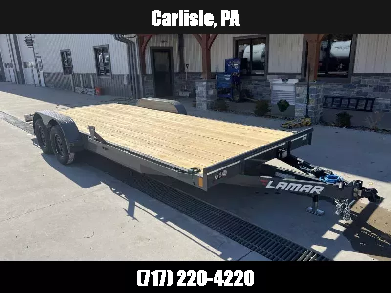 2026 Lamar 7x20 7000# Wood Deck Car Hauler Trailer * ADJUSTABLE COUPLER * DROP LEG JACK * REMOVABLE FENDERS * EXTRA STAKE POCKETS * CHARCOAL * 4 D-RINGS * 5" CHANNEL FRAME * COLD WEATHER HARNESS * REAR RAMPS 1762455276