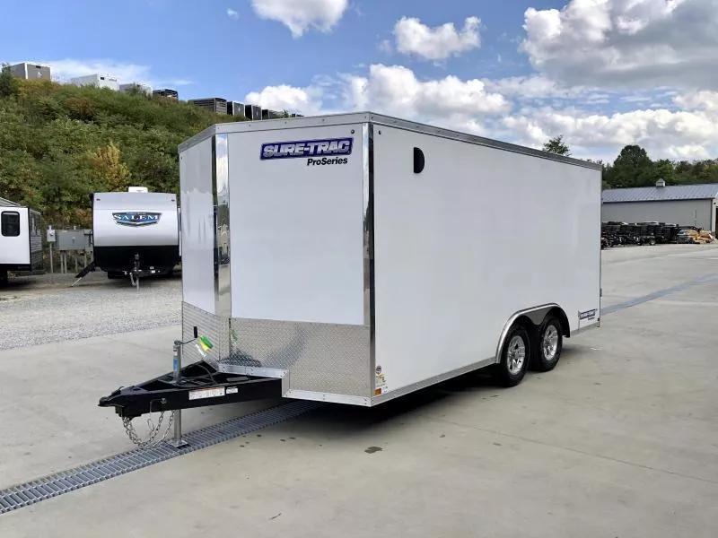 2026 Sure-Trac 8.5x16' Enclosed Car Hauler Trailer 9900# GVW * WHITE EXTERIOR * V-NOSE * BARN DOORS * 5200# TORSION AXLES * .030 SCREWLESS EXTERIOR * 16" O.C. C/M * TUBE STUDS * RV DOOR * SET BACK JACK * UNDERCOATED * BULLET LED'S * BACK UP LIGHTS