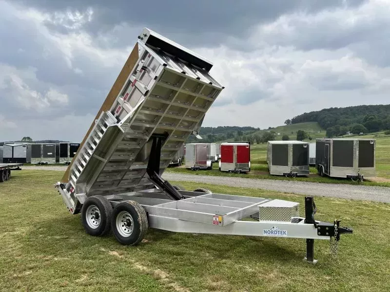 2026 Nordtek 7x12' Aluminum Dump Trailer 14000# GVW * 7GA FLOOR * SCISSOR LIFT * ALUMINUM TOOLBOX * ALUMINUM WHEELS * 12K DROP LEG JACK * 8" TONGUE * RAMPS INCLUDED * DELUXE TARP KIT * 12" O.C. CROSSMEMBERS