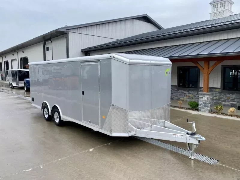 2026 NEO 8.5x24' NACX Aluminum Enclosed Car Hauler 9990# GVW * BLACK EXTERIOR * FULL ESCAPE DOOR * EXTRUDED ALUMINUM FLOOR * WHITE WALLS/CEILING * 5200# TORSION * BULLNOSE * SPREAD AXLE * DRT REAR SPOILER * NXP RAMP * HD FRAME * ALUMINUM WHEELS