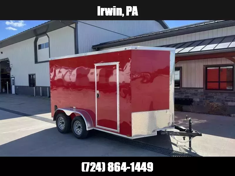 2026 Quality 7x16' Tandem Axle Enclosed Cargo Trailer 7000# GVW * POLYCOR .080 EXTERIOR * SEMI-SCREWLESS * RED EXTERIOR * RAMP DOOR * PLYWOOD WALLS & FLOORS * TUBE WALL & CEILING STUDS * 16" O.C. WALL AND FLOORS * RV DOOR * V-NOSE