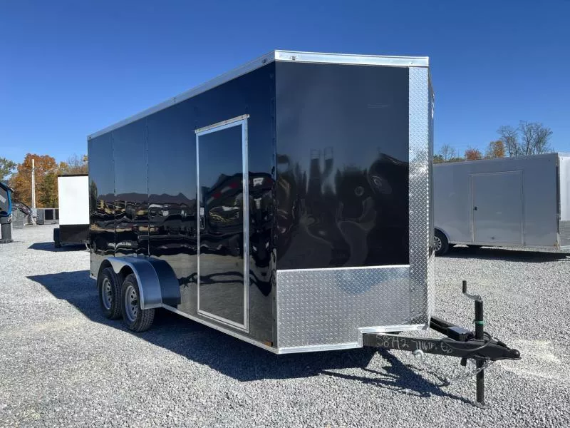 2025 Quality 7x16' Tandem Axle Enclosed Cargo Trailer 7000# GVW * 7' HEIGHT * REAR SPOILER/LOAD LIGHTS * BLACK EXTERIOR * RAMP DOOR * PLYWOOD WALLS & FLOORS * TUBE WALL AND CEILING STUDS * LED LIGHTS * 16" O.C. WALL AND FLOORS * RV DOOR * V-NOSE