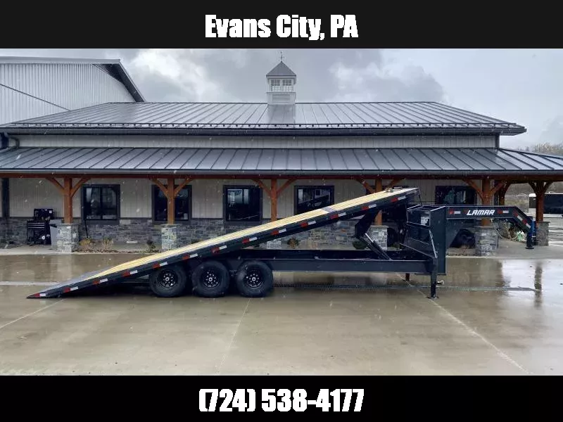2025 Lamar 102x26' Gooseneck Deckover Power Tilt Trailer 21000# GVW * TRIPLE 7000# AXLES * SCISSOR HOIST UPGRADE * SPARE TIRE * FRONT TOOLBOX * CHARCOAL POWDERCOAT * 10" I-BEAM FRAME+NECK * 6" CHANNEL BED RUNNER * WINCH PLATE * DUAL JACKS