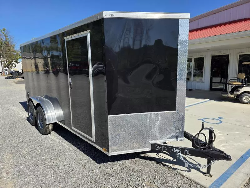 2025 Quality 7x16' Tandem Axle Enclosed Cargo Trailer 9990# GVW * 7' HEIGHT * BLACK EXTERIOR * RAMP DOOR * PLYWOOD WALLS & FLOORS * TUBE WALL AND CEILING STUDS * LED LIGHTS * 16" O.C. WALL AND FLOORS * RV DOOR * V-NOSE