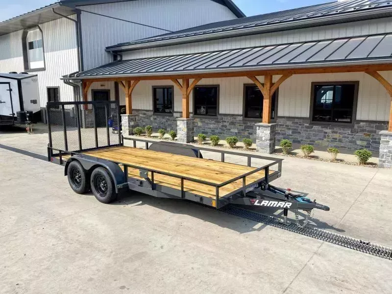 2026 Lamar 7x16' Deluxe Utility Landscape Trailer 7000# GVW * CAST COUPLER * 4" CHANNEL FRAME/TONGUE * CHARCOAL * HD GATE/2X2" TUBE C/M + SPRING ASSIST * COLD WEATHER HARNESS * STAKE POCKETS * TEARDROP FENDERS * BULLET LEDS