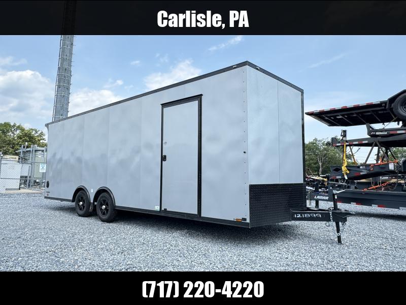 2025 Cargo Mate 8.5x28' Enclosed Car Hauler 9990# GVW * SILVER BLACKOUT * NUDO FLOOR AND RAMP * ESCAPE HATCH * WHITE VINYL WALLS AND WHITE INSULATED CEILING * SLANT V-NOSE * ALUMINUM WHEELS * .030 SCREWLESS EXTERIOR * REAR SPOILER * SPREAD AXLE 1750183917