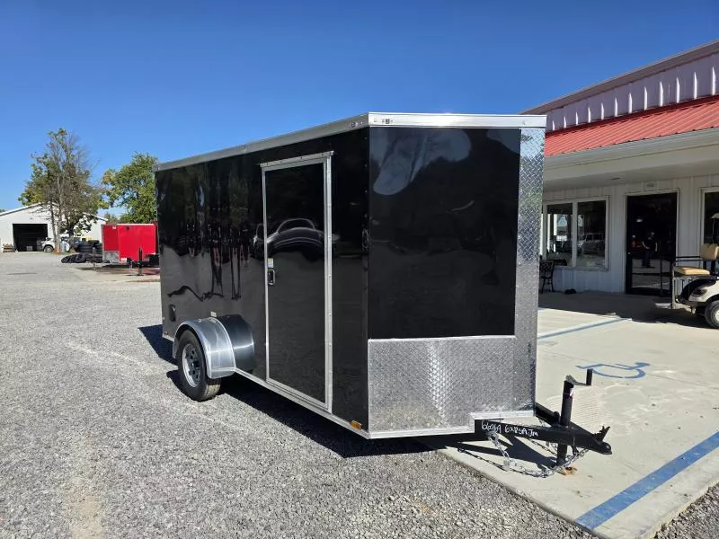 2025 Quality Cargo 6x12 Single Axle Enclosed Cargo Trailer 2990# GVW * 6'3 CEILING HEIGHT * BLACK EXTERIOR * PLYWOOD WALLS AND FLOOR * RV DOOR * 16" O.C. * TUBE STUDS * RAMP DOOR * V-NOSE