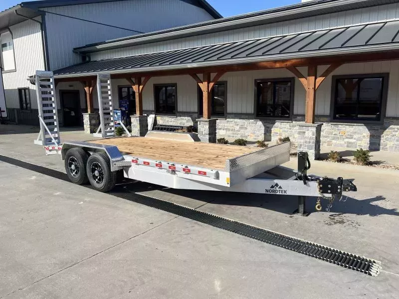 2026 Nordtek 7x18' Aluminum Equipment Trailer 14000# GVW * EXTRUDED ALUMINUM FLOOR * ALUMINUM STAND UP RAMPS * ALUMINUM WHEELS * 8" TONGUE AND FRAME * 4" CHANNEL C/M, 16" O.C * STAKE POCKETS/RUBRAIL * 12K JACK * ADJUSTABLE COUPLER