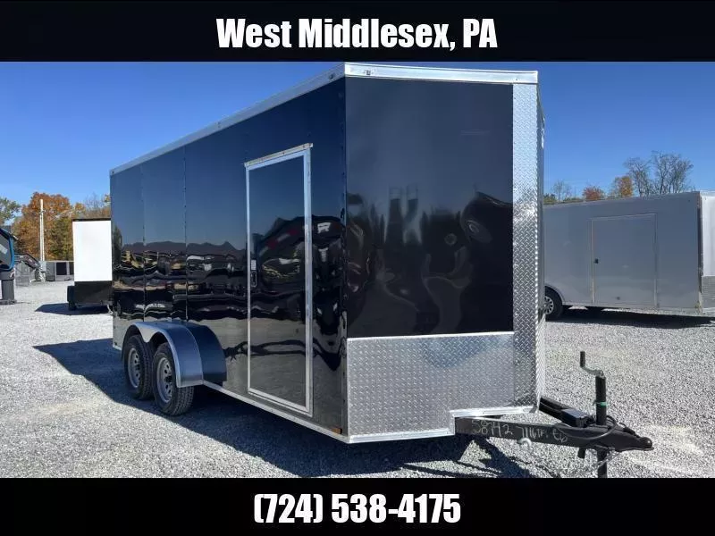 2026 Quality 7x12' Tandem Axle Enclosed Cargo Trailer 7000# GVW * BLACK .080 POLYCOR * SEMI-SCREWLESS EXTERIOR * RAMP DOOR * PLYWOOD WALLS & FLOORS * TUBE WALL AND CEILING STUDS * LED LIGHTS * 16" O.C. WALL AND FLOORS * RV DOOR * V-NOSE