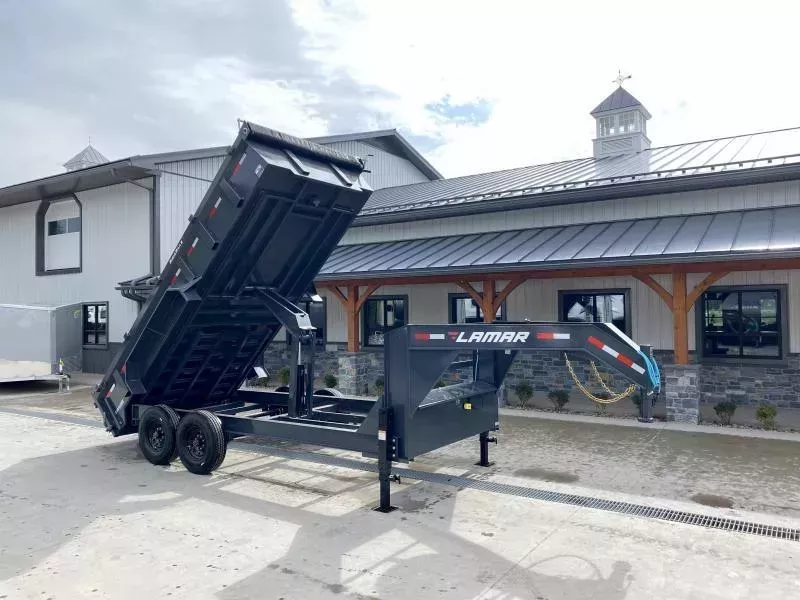 2026 Lamar 7x16' Gooseneck Dump Trailer 14000# GVW * DUAL JACKS * FULL TOOLBOX * 7GA FLOOR * DELUXE TARP KIT * SCISSOR HOIST * CHARCOAL * RIGID RAILS * NESTLED I-BEAM FRAME 28" H * COMBO GATE * 12" O.C. C/M