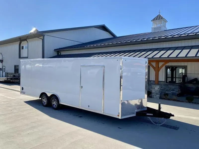 2026 Sure-Trac 8.5x20' Pro Series Enclosed Car Hauler Trailer 9900# GVW * 7' HEIGHT * WHITE EXTERIOR * V-NOSE * RAMP * 5200# AXLES * .030 SCREWLESS EXTERIOR * ALUMINUM WHEELS * 1 PC ROOF * 6" FRAME * 16" O.C. C/M * TUBE STUDS * 48" RV DOOR * 7K DROP JACK