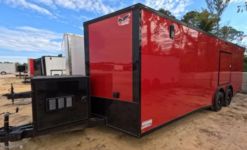 2026 Quality 8.5x24' Enclosed Car Hauler Trailer 14000# GVW * RED EXTERIOR * 7000# AXLES * .080 POLYCOR EXTERIOR * FINISHED INTERIOR * GENERATOR BOX * CABINETS * SPREAD AXLE * A/C UNIT * 50A ELECTRIC