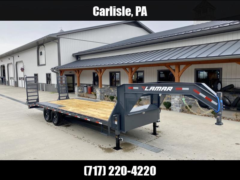 2025 Lamar 102x22' Gooseneck Beavertail Deckover Trailer 14000# GVW * STAND UP RAMPS + SPRING ASSIST  * CHARCOAL * TOOL TRAY * HD COUPLER * I-BEAM FRAME * 16" O.C. C/M * RUBRAIL/STAKE POCKETS/PIPE SPOOLS * CHANNEL SIDE RAIL * 4X8" TUBE BUMPER 1750184042