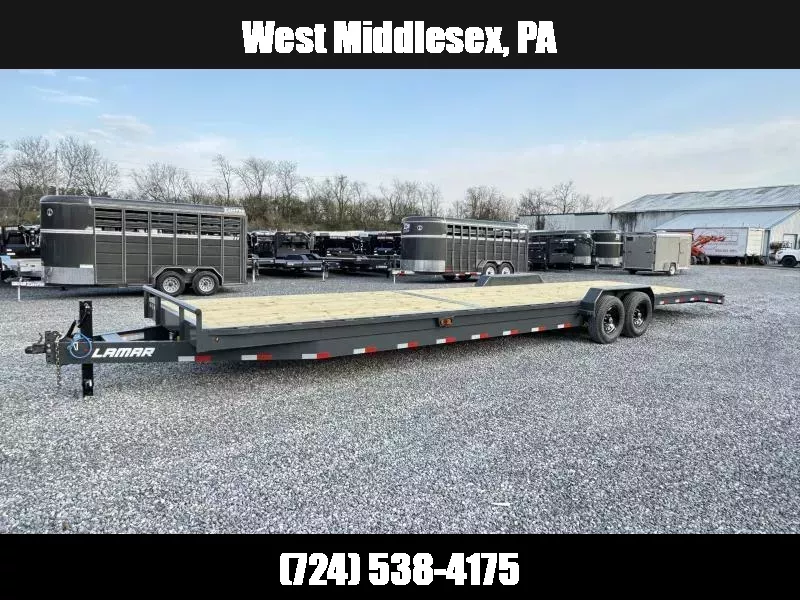2025 Lamar 7x32' 2-Car Hauler Trailer 14000# GVW * STEEL DECK * OVERLENGTH 7' SLIDE IN RAMPS * 4' DOVETAIL * RUBRAIL * SWIVEL JACKS * UNDER FRAME BRIDGE * 12K JACK * CHARCOAL W/ BLACK WHEELS * IDEAL 2-CAR OR 3-BUGGY HAULER 1750183936