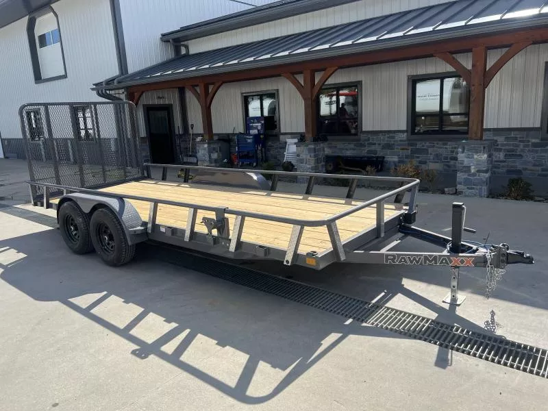 2026 RawMaxx 7x18' HD Tandem Axle Utility Landscape Trailer 9990# GVW * 5' GATE UPGRADE * CHANNEL TONGUE & FRAME * 16" O.C. 3" CHANNEL CROSSMEMBERS * DEXTER AXLES * ADJUSTABLE COUPLER * DROP LEG JACK * PIPE TOP RAIL * 4 D-RINGS * SLIPPER SPRINGS