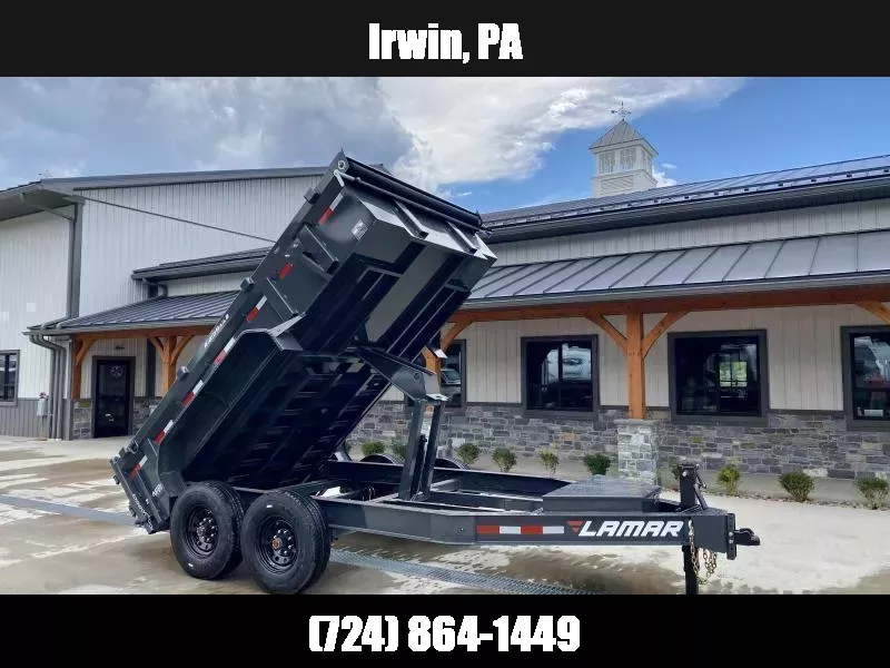 2025 Lamar 7x12' Dump Trailer 14000# GVW * DROP AXLES * HD AXLE BEAM *  REAR JACKSTANDS * 17.5 16-PLY TIRES * 12" O.C. C/M * 7GA FLOOR  * TARP KIT * SCISSOR HOIST * 12K JACK * CHARCOAL * RIGID RAILS * HD COUPLER * NESTLED I-BEAM FRAME 1750184085