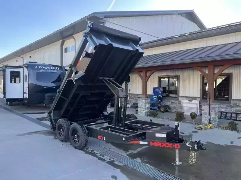 2026 MAXXD 6x12' D7X Low Profile Dump Trailer 12000# GVW * 16" RUBBER * SCISSOR HOIST * 10GA WALLS & FLOOR * WIRELESS REMOTE * 12K DROP LEG JACK * ADJUSTABLE COUPLER * 110V CHARGER * COMBINATION GATE * METALLIC GREY + PRIMER * HD TOP RAIL * DELUXE TARP