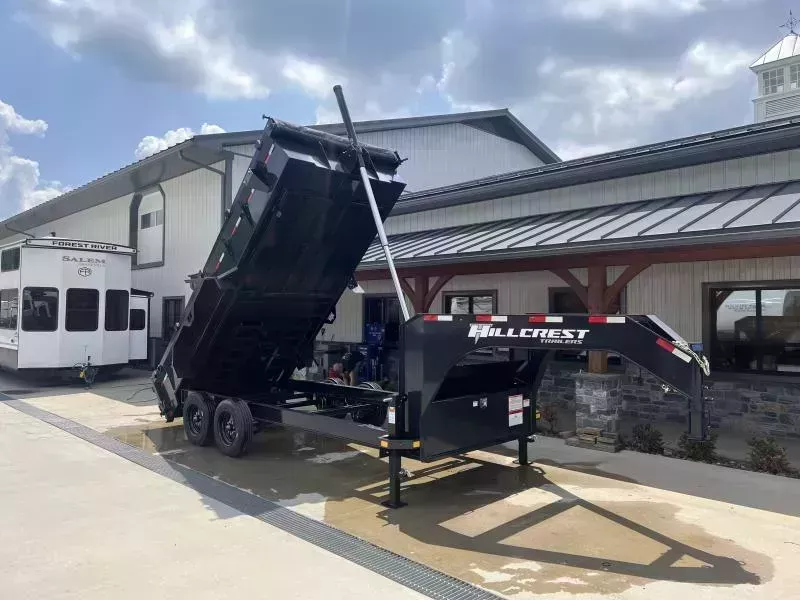 2026 Hillcrest Trailers 7x16' Gooseneck High Side Dump Trailer 17600 GVW * 8000# AXLES * 40" HIGH SIDES * 12-TON TELESCOPIC HOIST * ENGINEERED NECK * I-BEAM FRAME * 7GA FLOOR * DELUXE TARP KIT * HD TOP RAIL * REAR STAB JACKS * 12" O.C. C/M