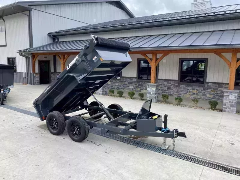 2026 Lamar 5x10' Deluxe Dump Trailer 7000# GVW * DELUXE TARP KIT * 7K JACK UPGRADE * UNDERMOUNT RAMPS * CHARCOAL * ADJUSTABLE COUPLER * RIGID RAILS * 110V CHARGER * DOUBLE CHANNEL FRAME * 10GA FLOOR * POWER UP/DOWN * 4" CHANNEL BED FRAME
